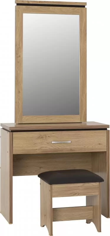 Charles 1 Drawer Dressing Table Set in Oak Effect Veneer with Walnut TrimBrown Faux Leather