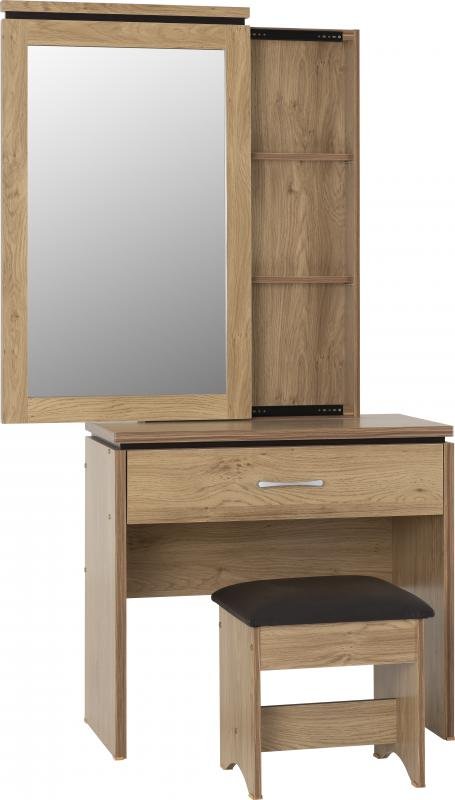 Charles 1 Drawer Dressing Table Set in Oak Effect Veneer with Walnut TrimBrown Faux Leather - Image 2
