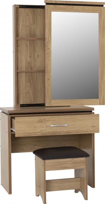 Charles 1 Drawer Dressing Table Set in Oak Effect Veneer with Walnut TrimBrown Faux Leather - Image 4