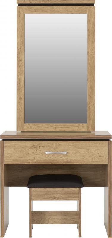 Charles 1 Drawer Dressing Table Set in Oak Effect Veneer with Walnut TrimBrown Faux Leather - Image 3