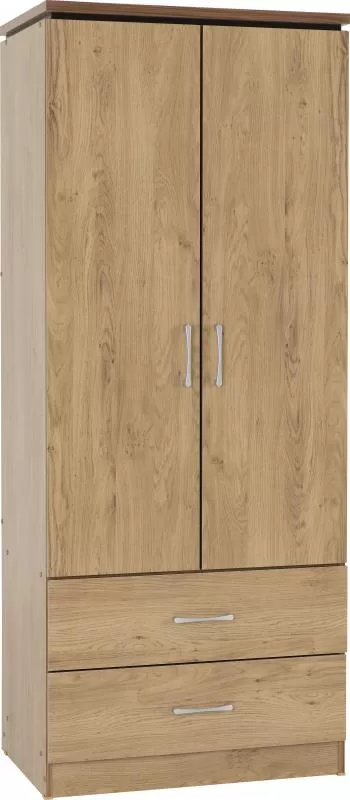 Charles 2 Door 2 Drawer Wardrobe in Oak Effect Veneer with Walnut Trim