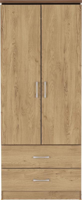 Charles 2 Door 2 Drawer Wardrobe in Oak Effect Veneer with Walnut Trim - Image 4