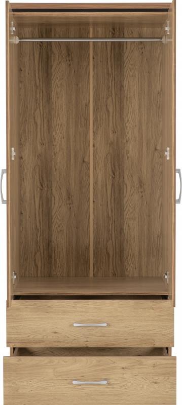 Charles 2 Door 2 Drawer Wardrobe in Oak Effect Veneer with Walnut Trim - Image 3