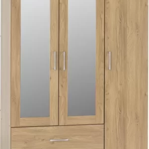 Charles 3 Door 2 Drawer Mirrored Wardrobe in Oak Effect Veneer with Walnut Trim