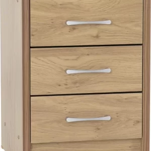 Charles 3 Drawer Bedside Chest in Oak Effect Veneer with Walnut Trim