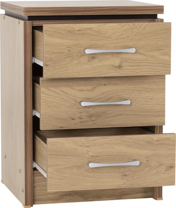 Charles 3 Drawer Bedside Chest in Oak Effect Veneer with Walnut Trim - Image 3