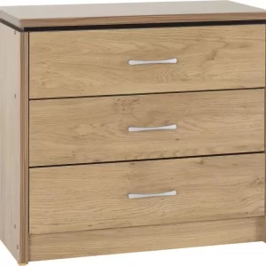 Charles 3 Drawer Chest in Oak Effect Veneer with Walnut Trim