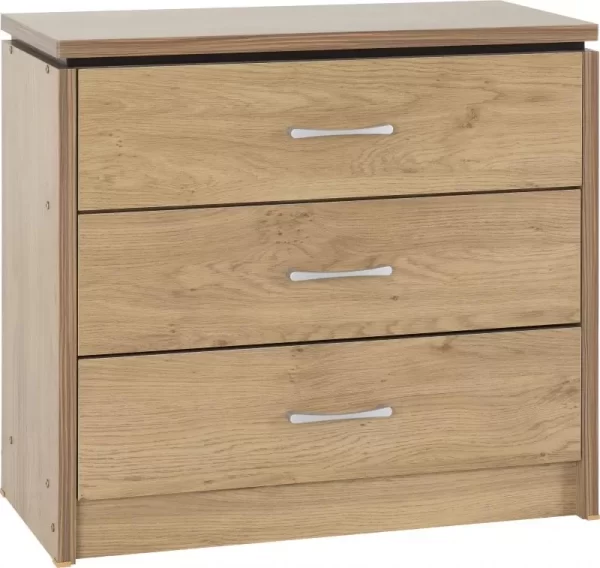 Charles 3 Drawer Chest in Oak Effect Veneer with Walnut Trim