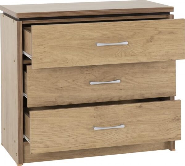 Charles 3 Drawer Chest in Oak Effect Veneer with Walnut Trim - Image 2