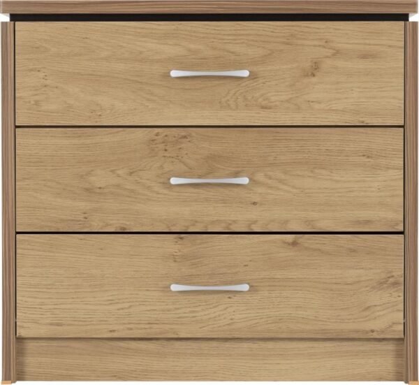 Charles 3 Drawer Chest in Oak Effect Veneer with Walnut Trim - Image 3