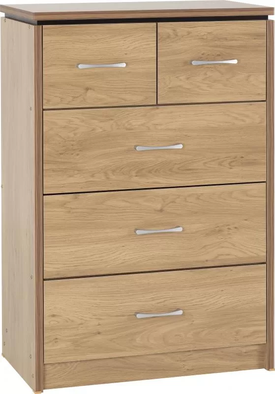 Charles 3+2 Drawer Chest in Oak Effect Veneer with Walnut Trim
