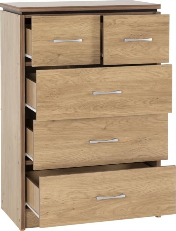 Charles 3+2 Drawer Chest in Oak Effect Veneer with Walnut Trim - Image 3