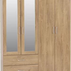 Charles 4 Door 2 Drawer Mirrored Wardrobe in Oak Effect Veneer with Walnut Trim