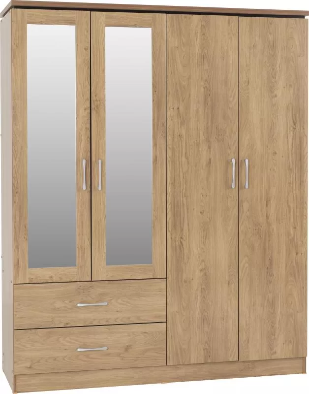 Charles 4 Door 2 Drawer Mirrored Wardrobe in Oak Effect Veneer with Walnut Trim