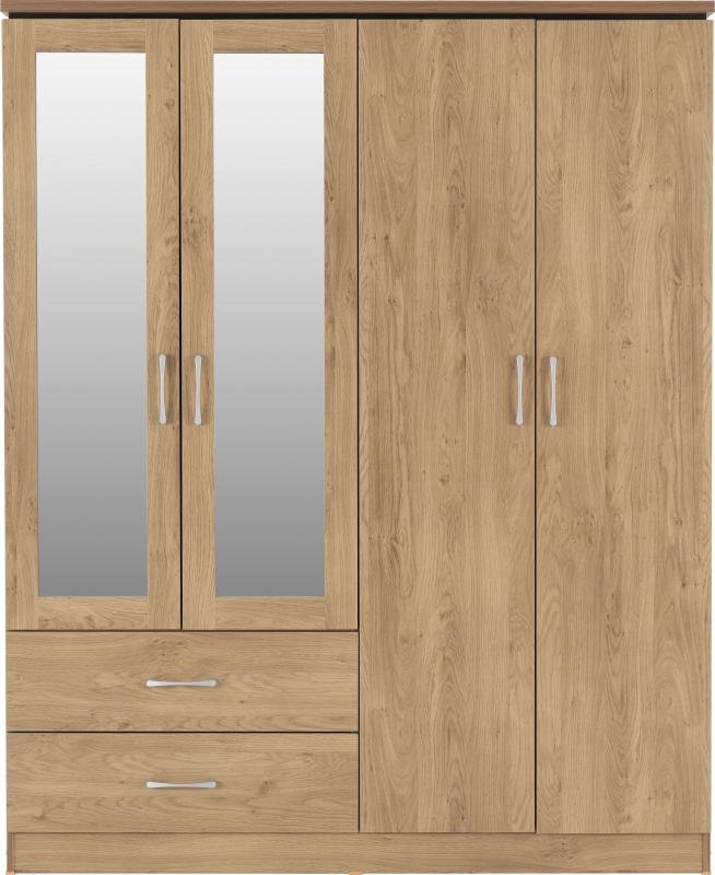 Charles 4 Door 2 Drawer Mirrored Wardrobe in Oak Effect Veneer with Walnut Trim - Image 3