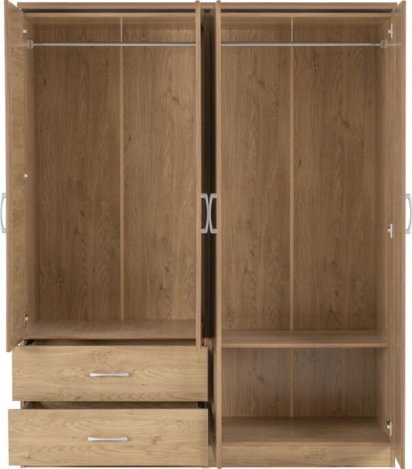 Charles 4 Door 2 Drawer Mirrored Wardrobe in Oak Effect Veneer with Walnut Trim - Image 2