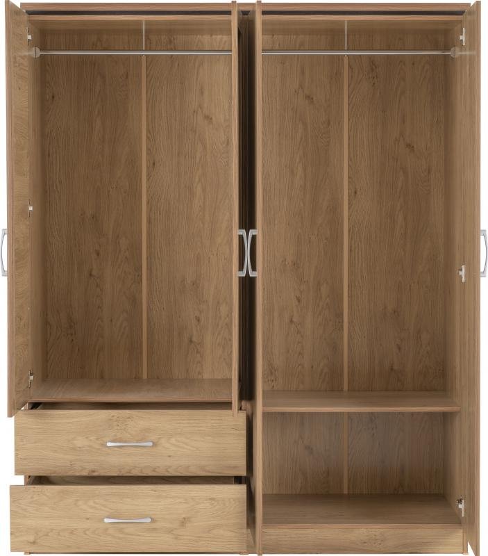 Charles 4 Door 2 Drawer Mirrored Wardrobe in Oak Effect Veneer with Walnut Trim - Image 2