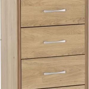 Charles 5 Drawer Narrow Chest in Oak Effect Veneer with Walnut Trim