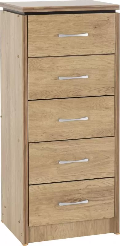 Charles 5 Drawer Narrow Chest in Oak Effect Veneer with Walnut Trim