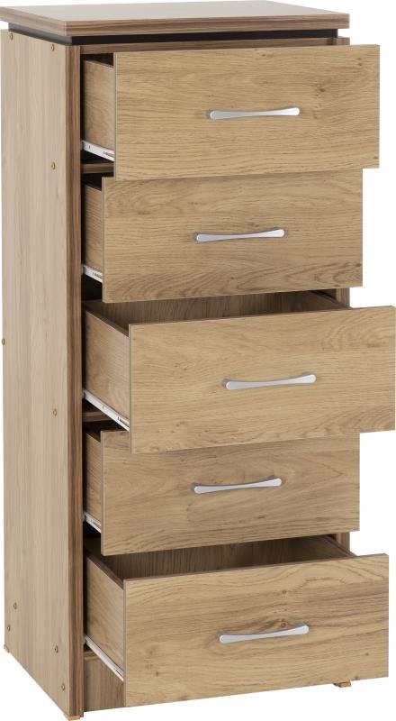 Charles 5 Drawer Narrow Chest in Oak Effect Veneer with Walnut Trim - Image 3