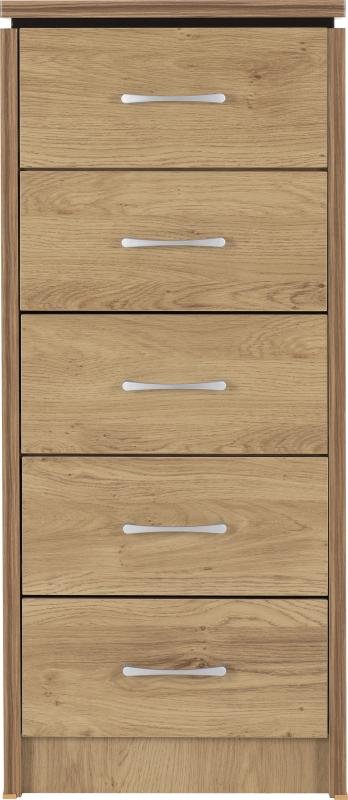 Charles 5 Drawer Narrow Chest in Oak Effect Veneer with Walnut Trim - Image 2