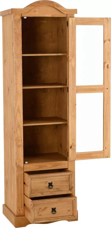 Corona 1 Door 2 Drawer Glass Display Unit in Distressed Waxed PineClear Glass