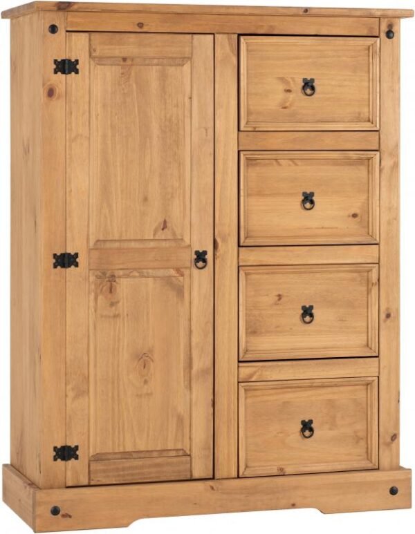Corona 1 Door 4 Drawer Low Wardrobe in Distressed Waxed Pine - Image 3