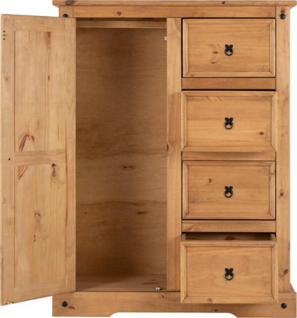 Corona 1 Door 4 Drawer Low Wardrobe in Distressed Waxed Pine - Image 2