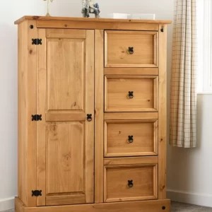 Corona 1 Door 4 Drawer Low Wardrobe in Distressed Waxed Pine
