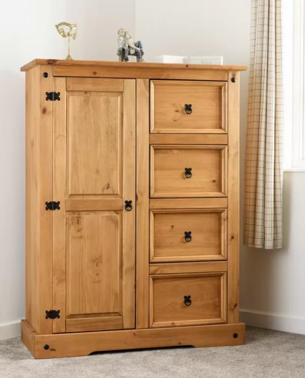 Corona 1 Door 4 Drawer Low Wardrobe in Distressed Waxed Pine