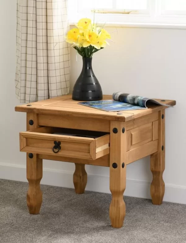 Corona 1 Drawer Lamp Table in Distressed Waxed Pine