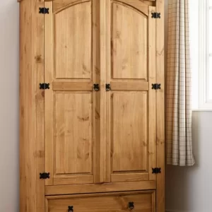 Corona 2 Door 1 Drawer Wardrobe in Distressed Waxed Pine