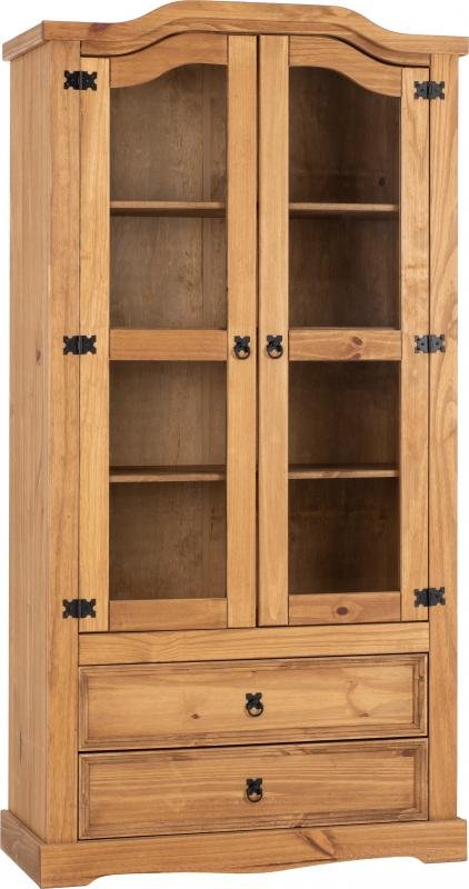 Corona 2 Door 2 Drawer Glass Display Unit in Distressed Waxed PineClear Glass - Image 3