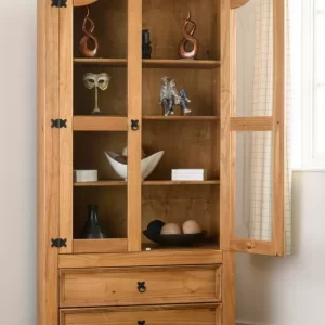 Corona 2 Door 2 Drawer Glass Display Unit in Distressed Waxed PineClear Glass
