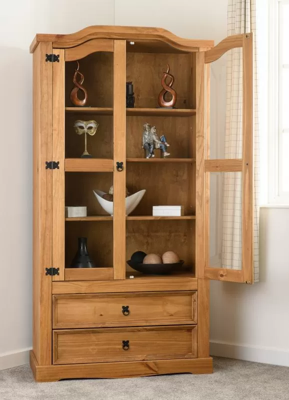 Corona 2 Door 2 Drawer Glass Display Unit in Distressed Waxed PineClear Glass