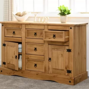 Corona 2 Door 5 Drawer Sideboard in Distressed Waxed Pine
