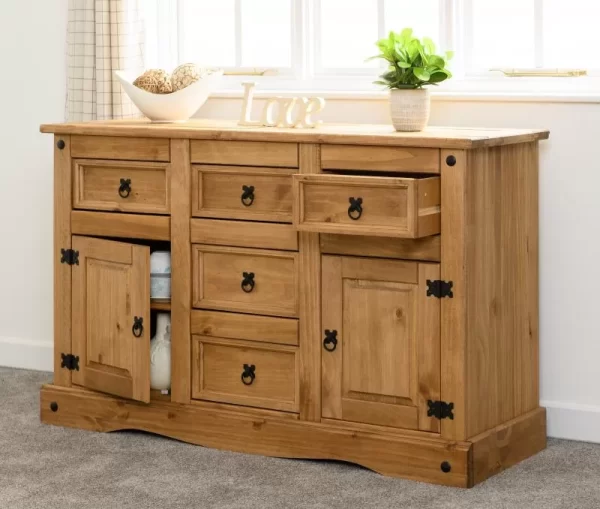 Corona 2 Door 5 Drawer Sideboard in Distressed Waxed Pine