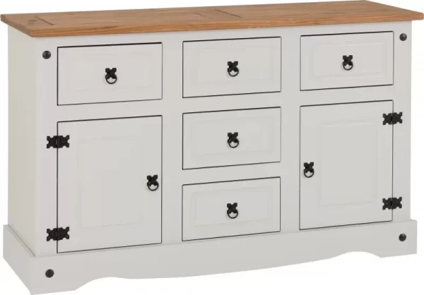 Corona 2 Door 5 Drawer Sideboard in GreyDistressed Waxed Pine