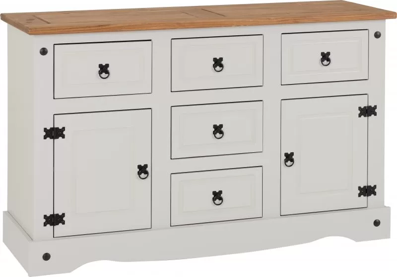 Corona 2 Door 5 Drawer Sideboard in GreyDistressed Waxed Pine