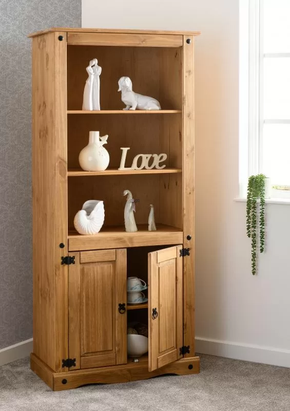 Corona 2 Door Display Unit Bookcase in Distressed Waxed Pine