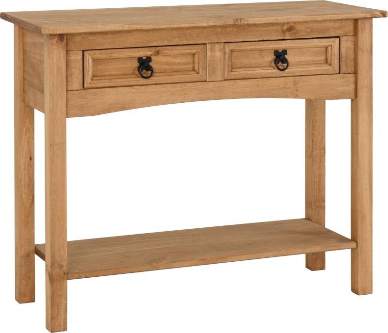 Corona 2 Drawer Console Table with Shelf in Distressed Waxed Pine - Image 2