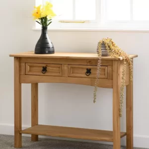 Corona 2 Drawer Console Table with Shelf in Distressed Waxed Pine