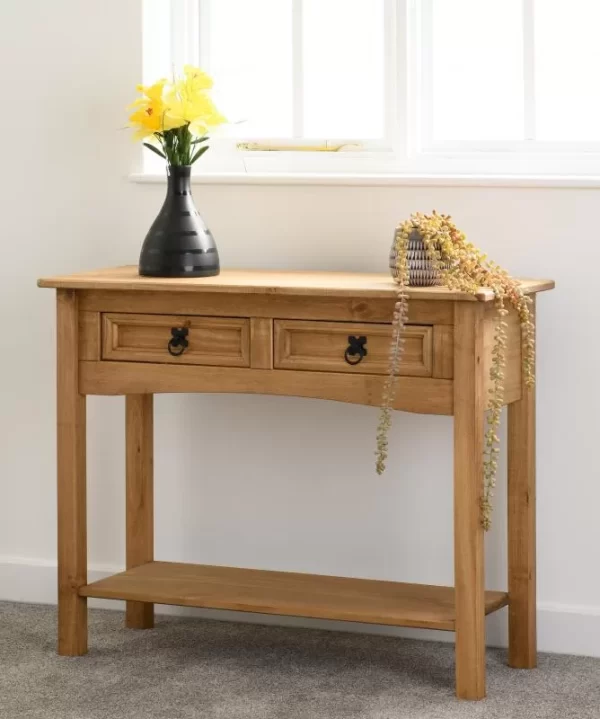 Corona 2 Drawer Console Table with Shelf in Distressed Waxed Pine