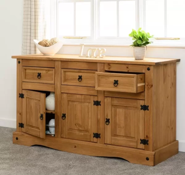 Corona 3 Door 3 Drawer Sideboard in Distressed Waxed Pine