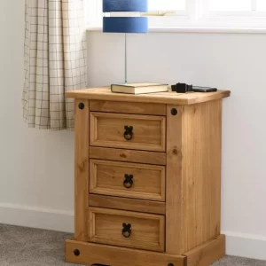 Corona 3 Drawer Bedside Chest in Distressed Waxed Pine