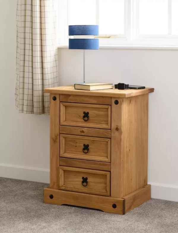 Corona 3 Drawer Bedside Chest in Distressed Waxed Pine