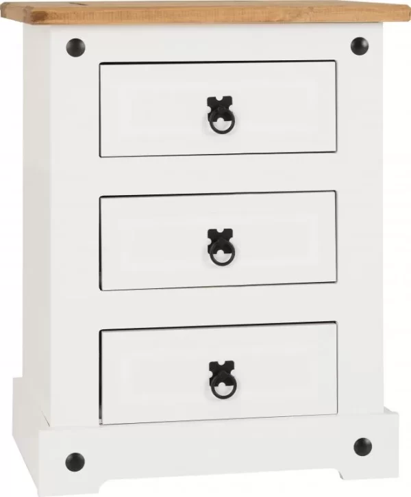 Corona 3 Drawer Bedside in WhiteDistressed Waxed Pine