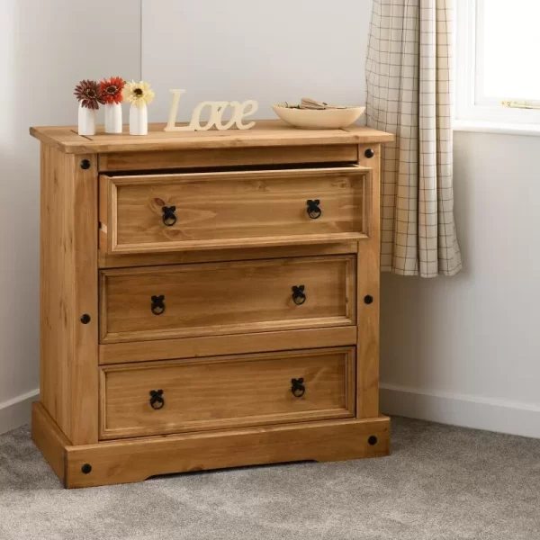 Corona 3 Drawer Chest in Distressed Waxed Pine