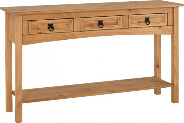 Corona 3 Drawer Console Table with Shelf in Distressed Waxed Pine - Image 2