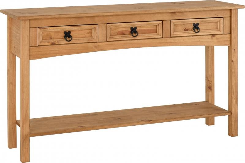 Corona 3 Drawer Console Table with Shelf in Distressed Waxed Pine - Image 2